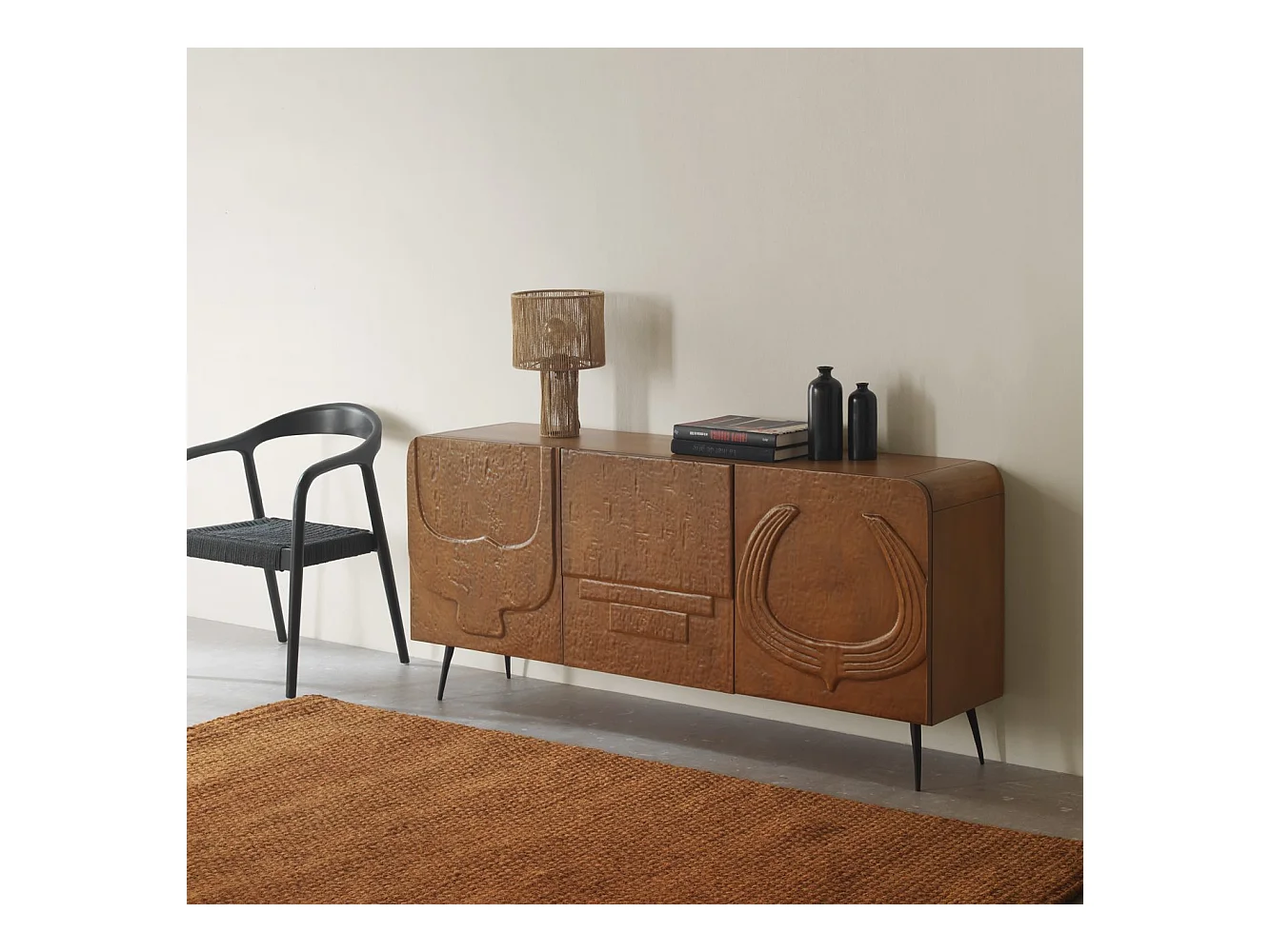 Buffet 3 portes couleur miel en bois massif de manguier