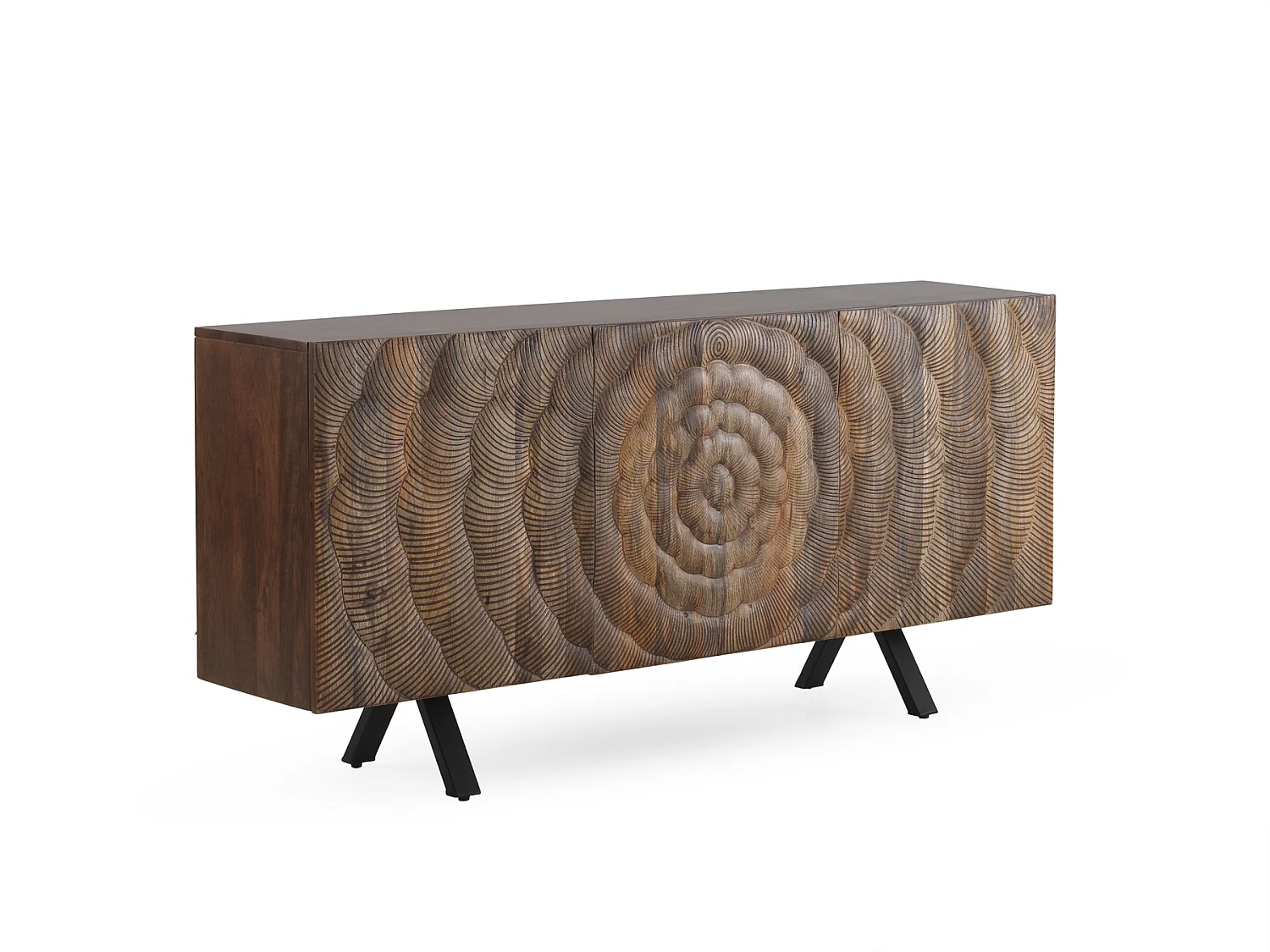 Sideboard mit 3 Türen aus massivem Mangoholz mit schwarzen Beinen
