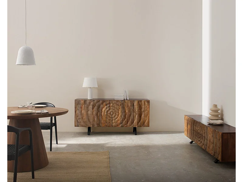 Aparador de 3 portas em madeira maciça de manga com pés pretos