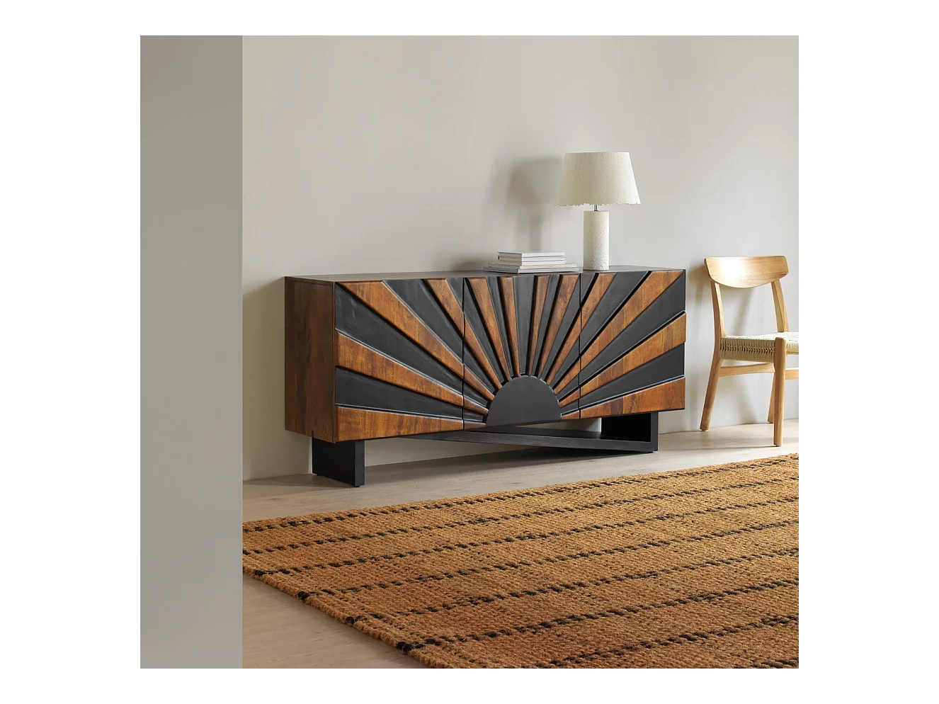 Buffet 3 portes en bois massif de manguier avec pieds en bois noir