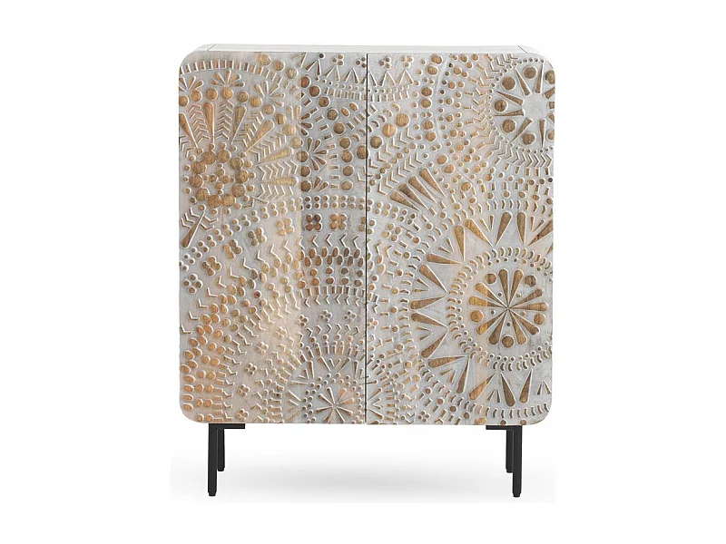 Aparador alto com 2 portas cinza patinado branco em madeira maciça de manga