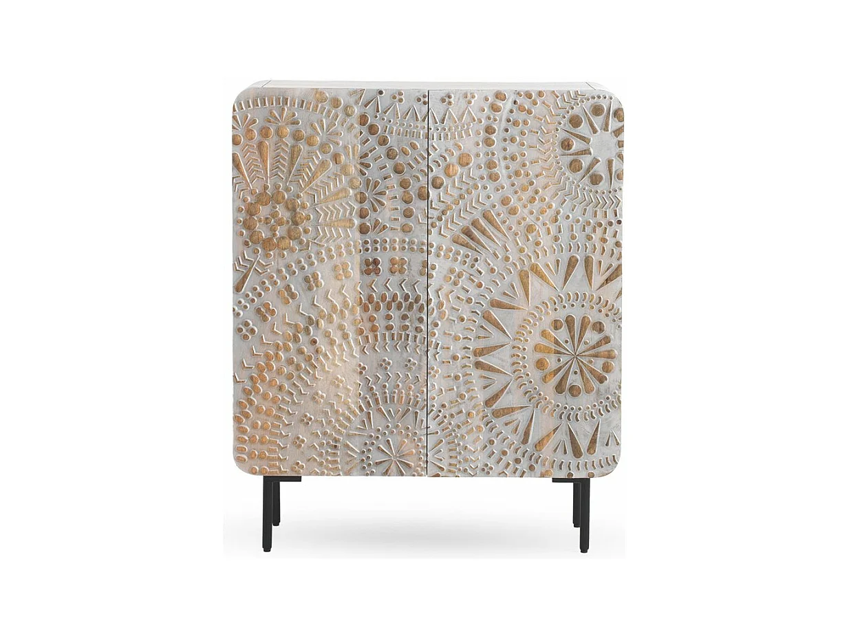 Buffet haut 2 portes gris patiné blanc en bois massif de manguier