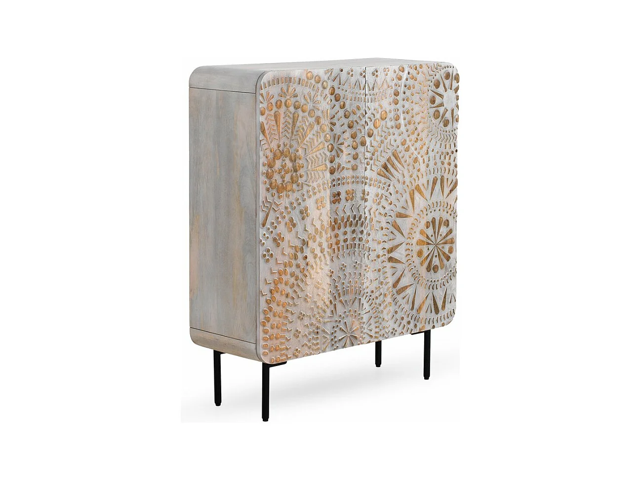 Buffet haut 2 portes gris patiné blanc en bois massif de manguier