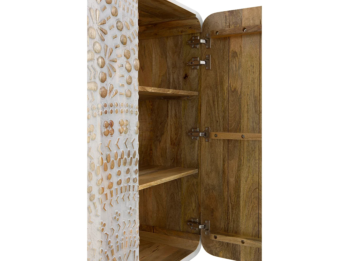 Aparador alto com 2 portas cinza patinado branco em madeira maciça de manga