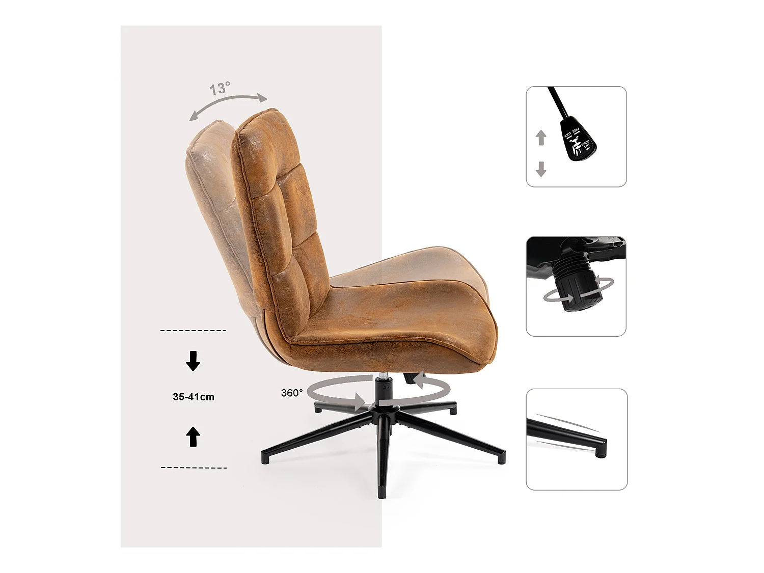 Fauteuil pivotant réglable en hauteur sans accoudoir en tissu microfibre style rétro vintage,CHARLOTTE