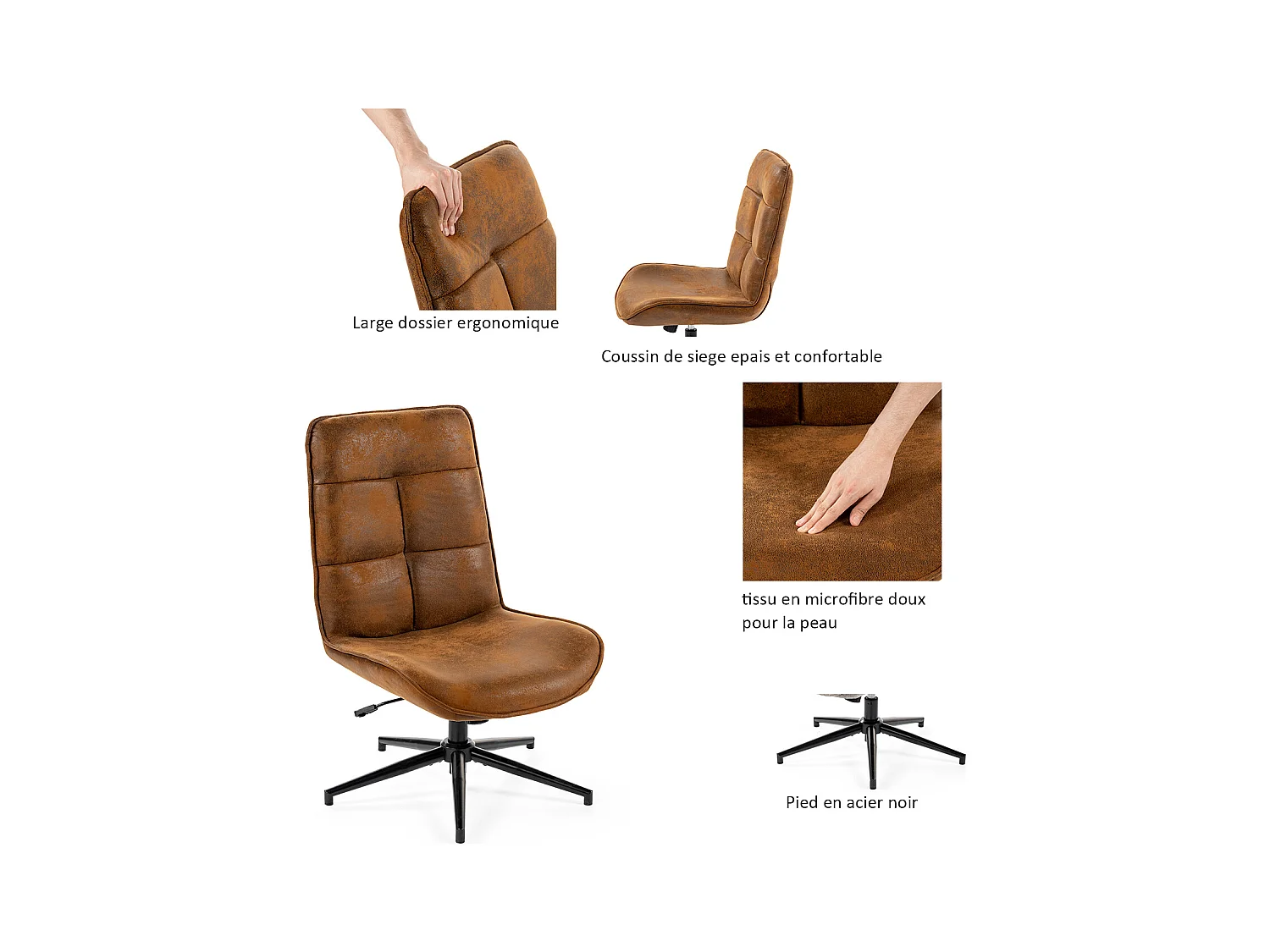 Fauteuil pivotant réglable en hauteur sans accoudoir en tissu microfibre style rétro vintage,CHARLOTTE