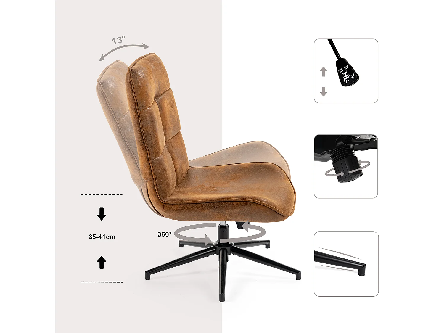 Fauteuil pivotant réglable en hauteur sans accoudoir en tissu microfibre style rétro vintage,CHARLOTTE