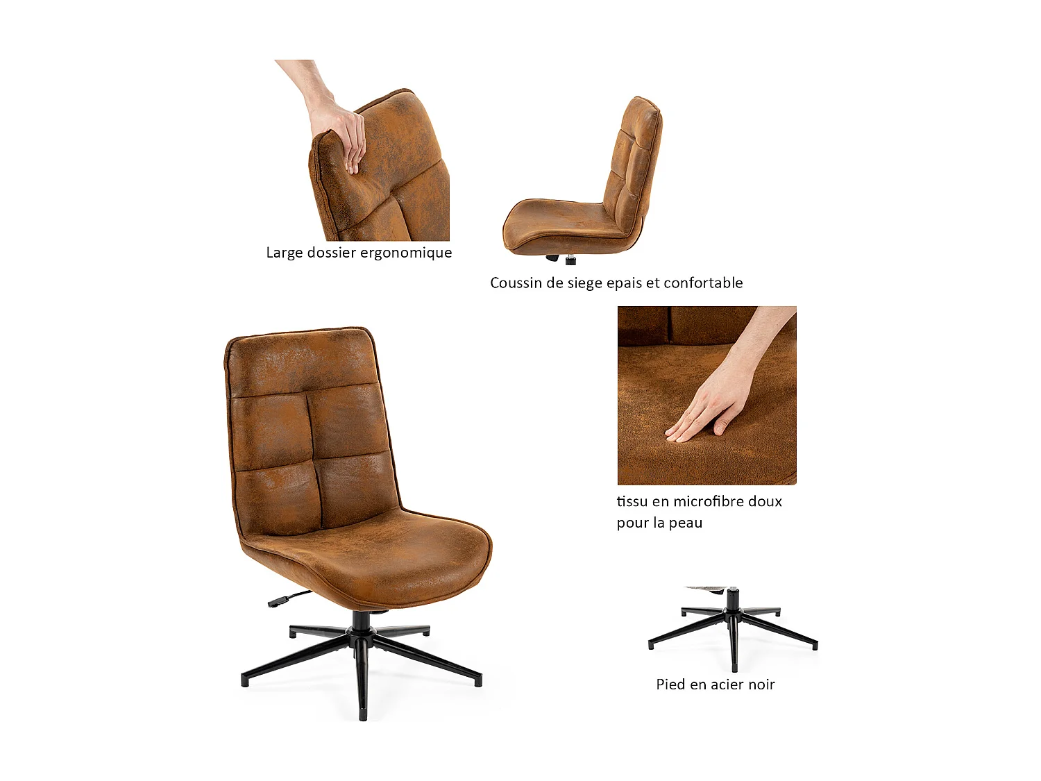 Fauteuil pivotant réglable en hauteur sans accoudoir en tissu microfibre style rétro vintage,CHARLOTTE