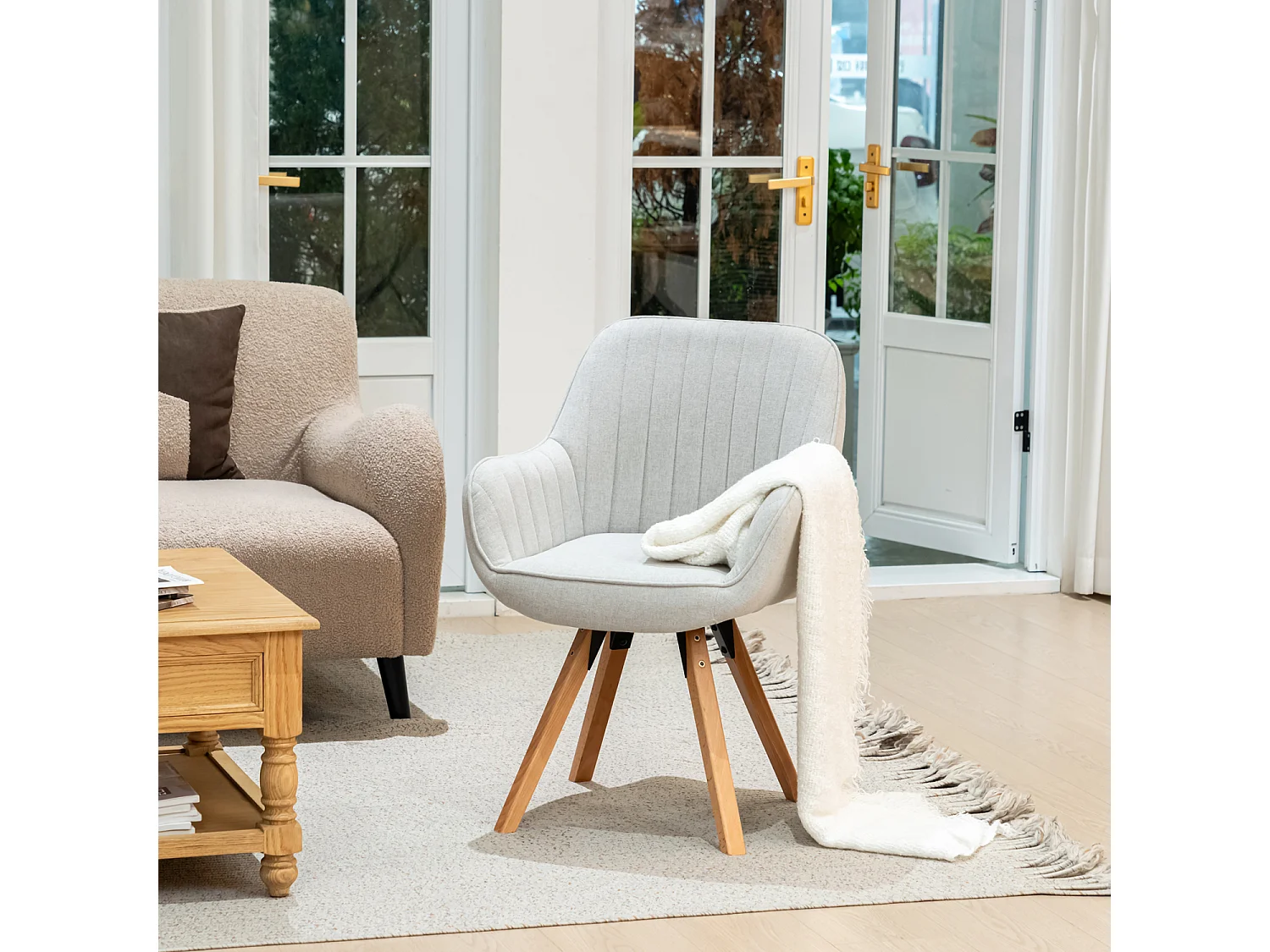 Fauteuil pivotant en tissu style scandinave pied en bois de hêtre,CARSON