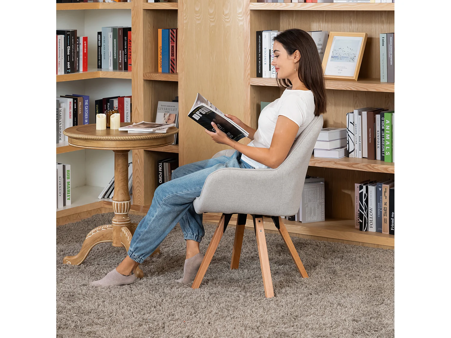 Fauteuil pivotant en tissu style scandinave pied en bois de hêtre,CARSON