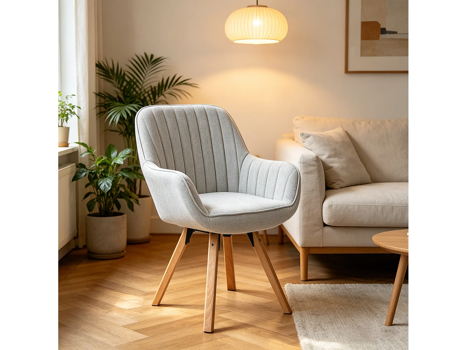 Meubles Cosy CARSON Fauteuil pivotant style scandinave pied en bois de hêtre en tissu Beige