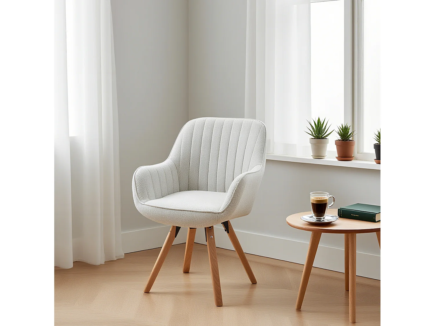 Meubles Cosy CARSON Fauteuil pivotant style scandinave pied en bois de hêtre en tissu Beige