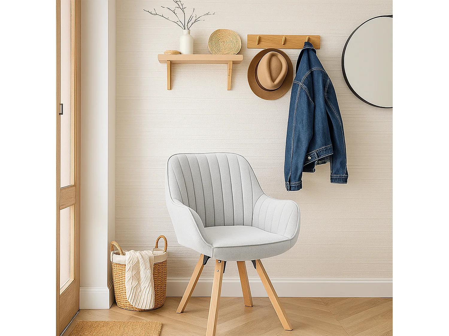 Meubles Cosy CARSON Fauteuil pivotant style scandinave pied en bois de hêtre en tissu Beige