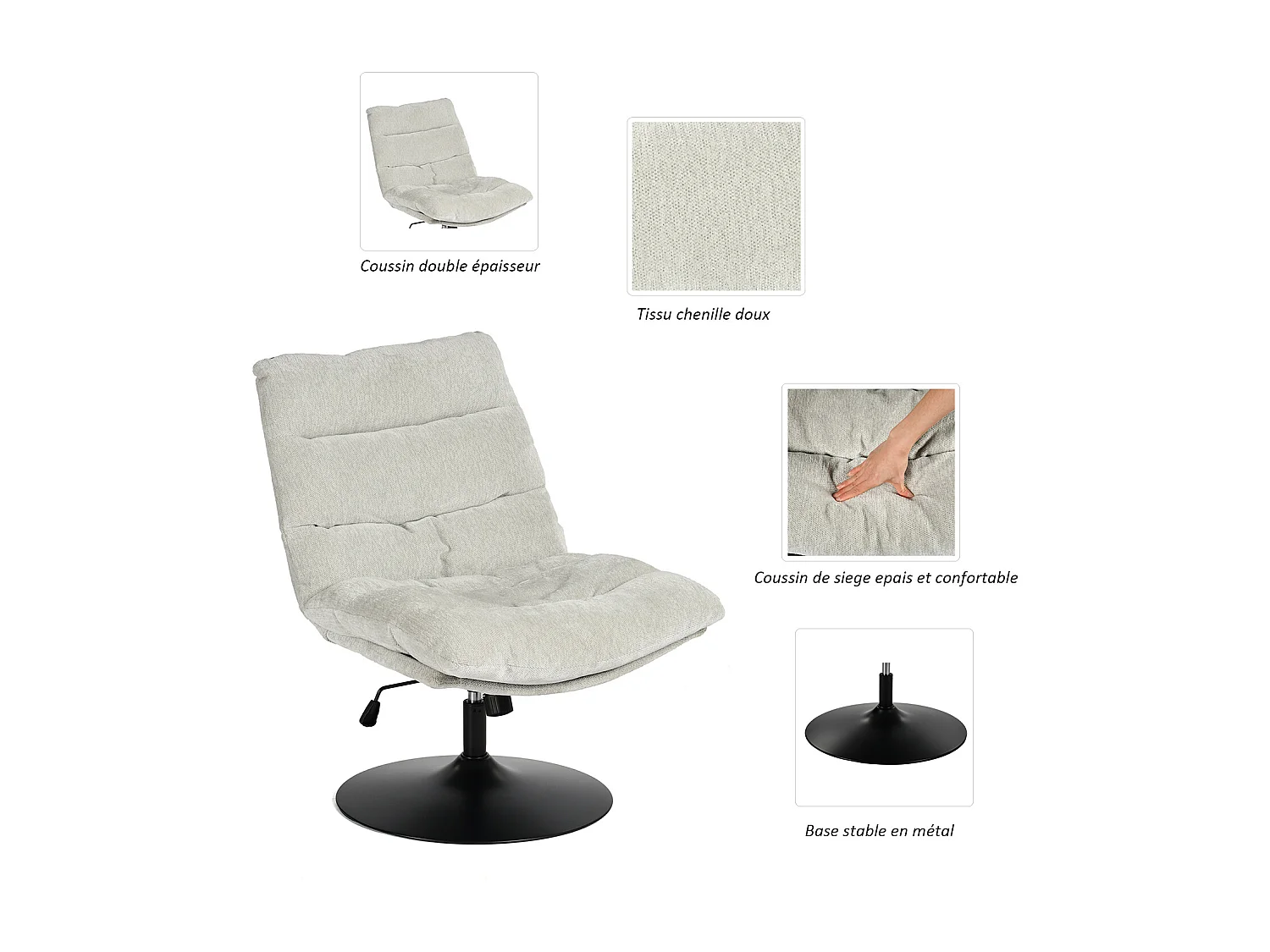 Fauteuil pivotant hauteur réglable avec inclinable sans accoudoirs en bouclette,LAMBERY