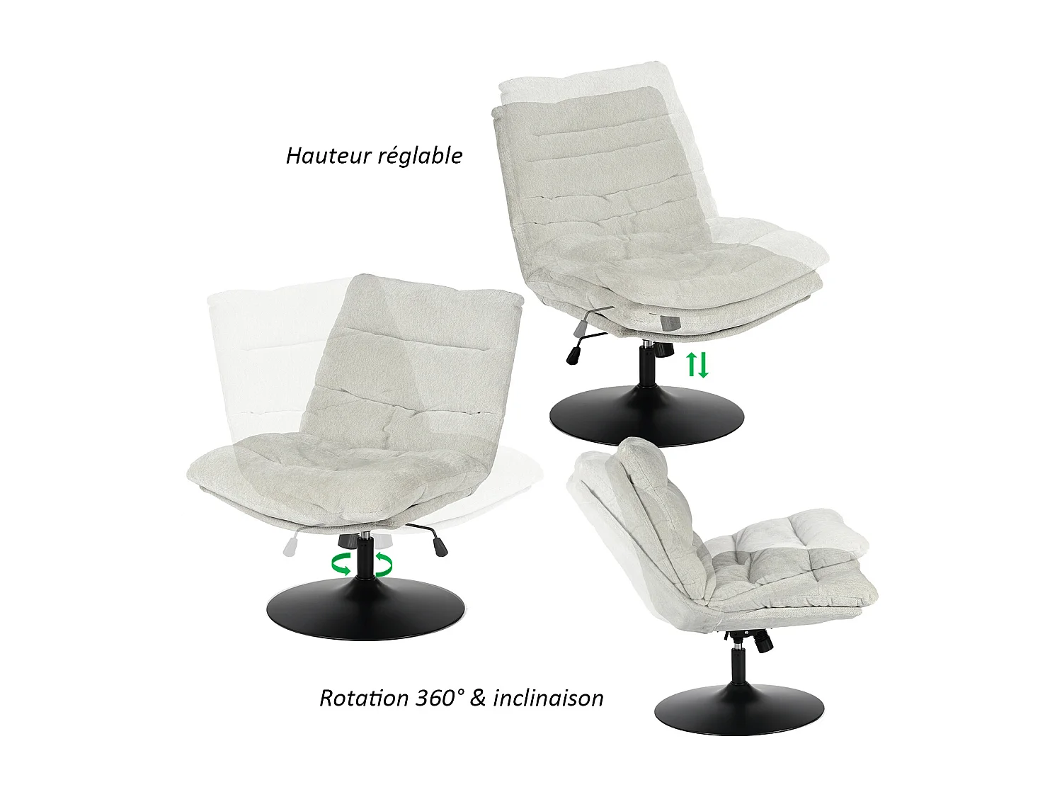 Fauteuil pivotant hauteur réglable avec inclinable sans accoudoirs en bouclette,LAMBERY
