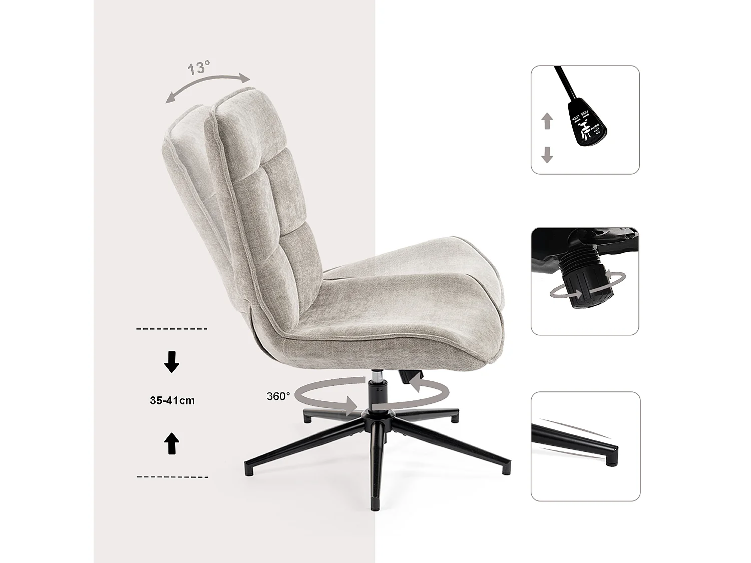 Fauteuil pivotant réglable en hauteur sans accoudoir en chenille style moderne,CHARLOTTE