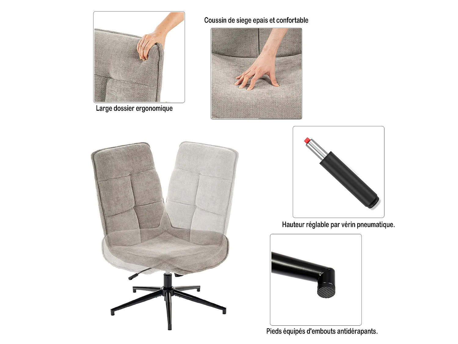 Fauteuil pivotant réglable en hauteur sans accoudoir en chenille style moderne,CHARLOTTE