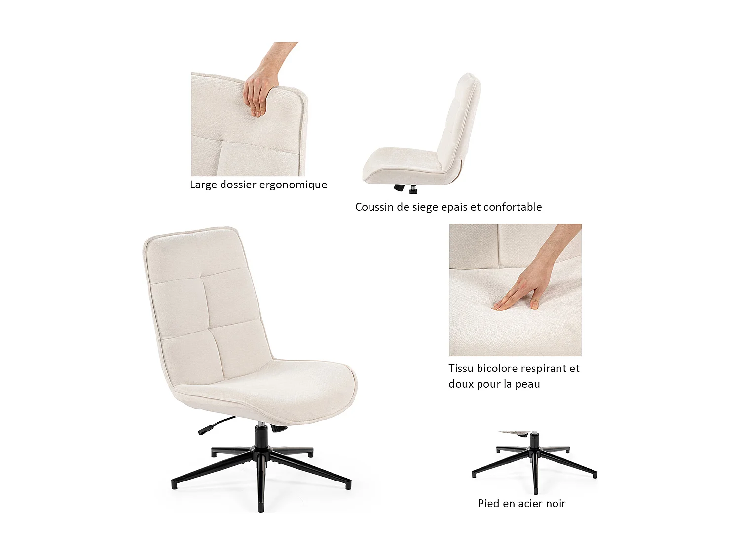 Fauteuil pivotant réglable en hauteur sans accoudoir en chenille style moderne,CHARLOTTE