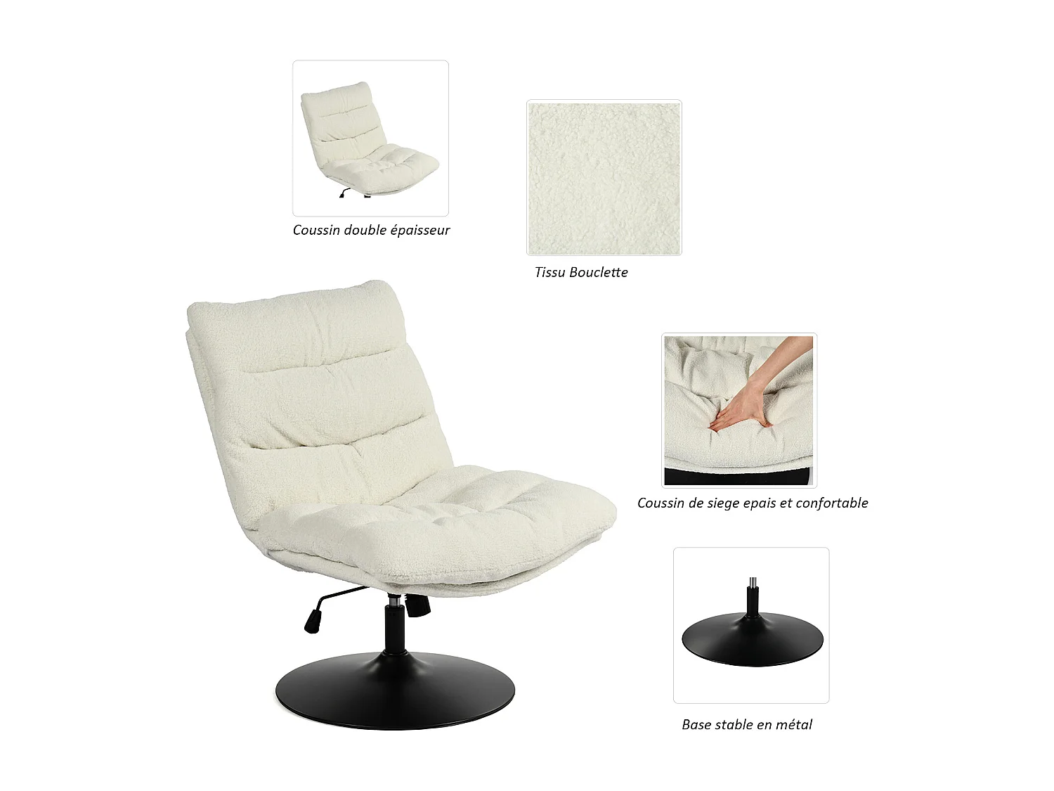 Fauteuil pivotant hauteur réglable avec inclinable sans accoudoirs,LAMBERY