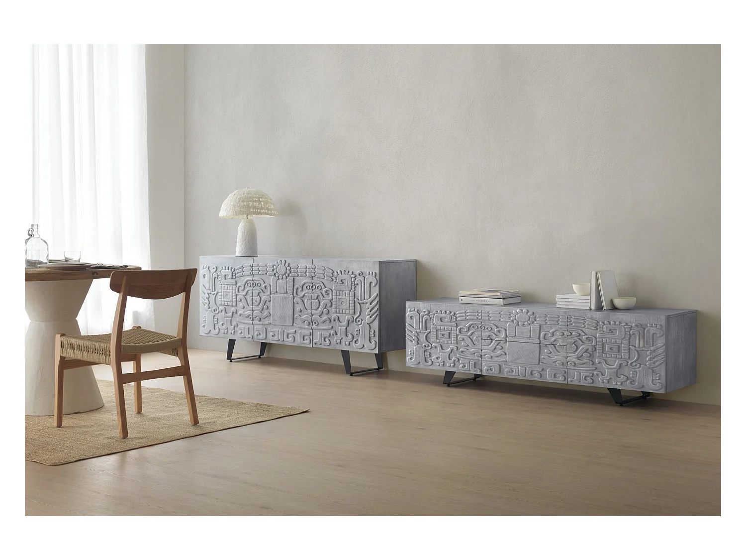 Meuble TV 2 portes et 2 tiroirs gris en bois de manguier