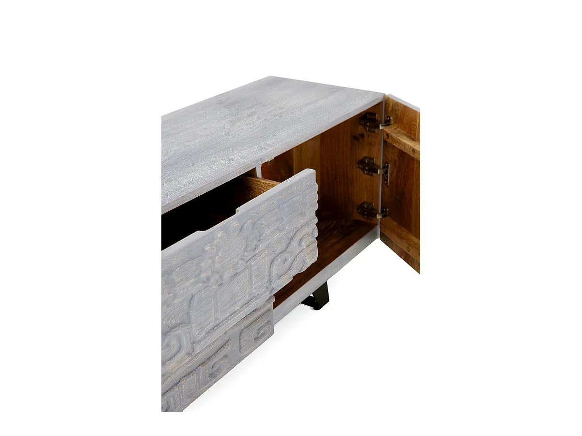 Meuble TV 2 portes et 2 tiroirs gris en bois de manguier