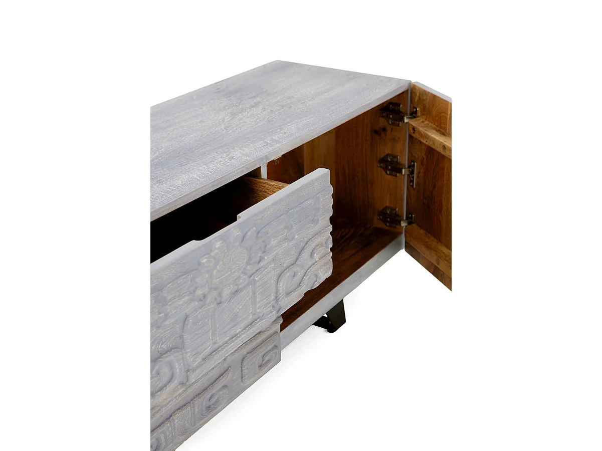 Meuble TV 2 portes et 2 tiroirs gris en bois de manguier