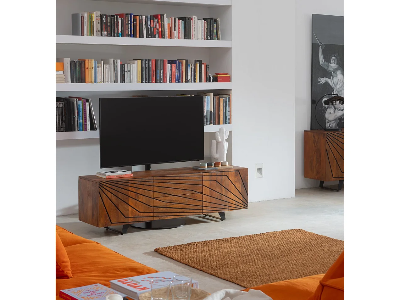 Mueble TV de 2 puertas y 2 cajones de madera maciza de mango