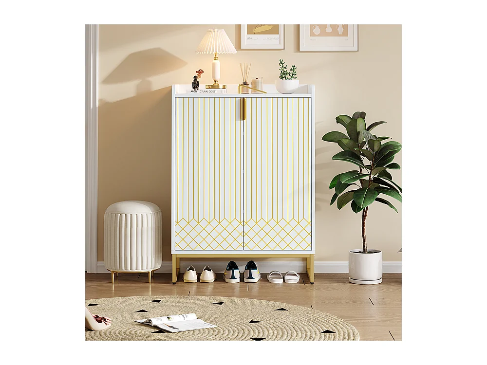 Meuble à chaussures moderne avec pieds métalliques dorés meuble de rangement avec portes blanc