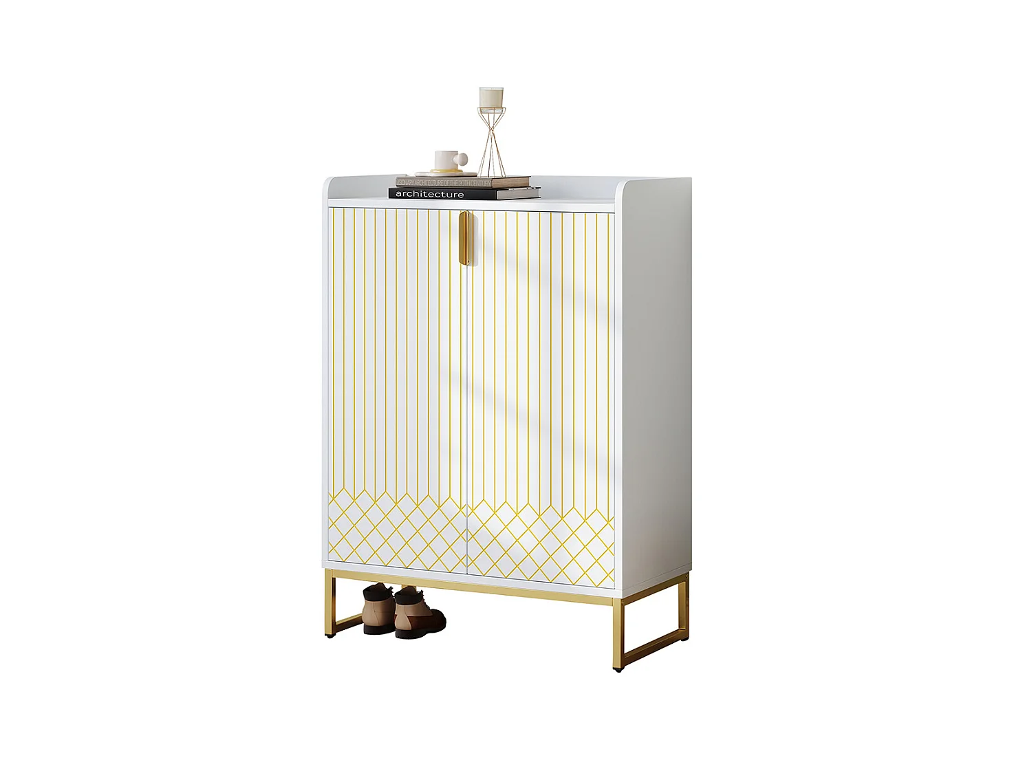 Meuble à chaussures moderne avec pieds métalliques dorés meuble de rangement avec portes blanc