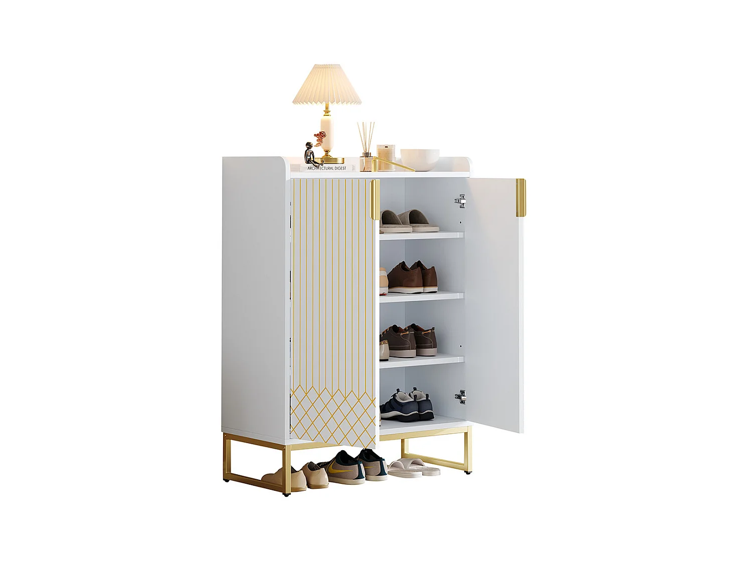 Meuble à chaussures moderne avec pieds métalliques dorés meuble de rangement avec portes blanc