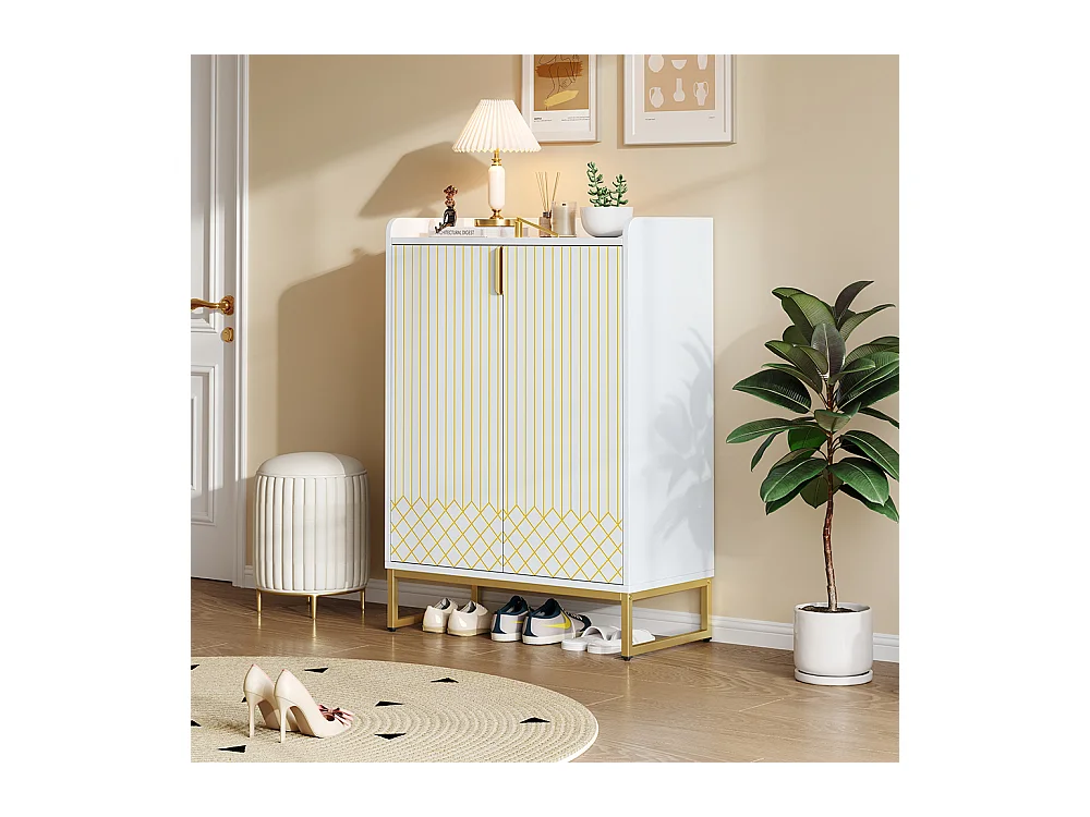 Meuble à chaussures moderne avec pieds métalliques dorés meuble de rangement avec portes blanc