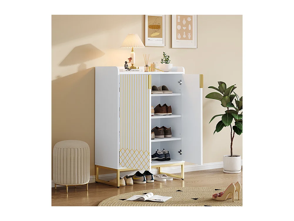 Meuble à chaussures moderne avec pieds métalliques dorés meuble de rangement avec portes blanc