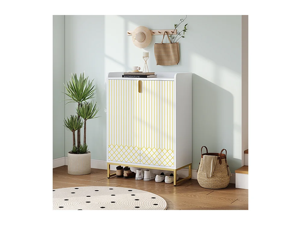 Meuble à chaussures moderne avec pieds métalliques dorés meuble de rangement avec portes blanc