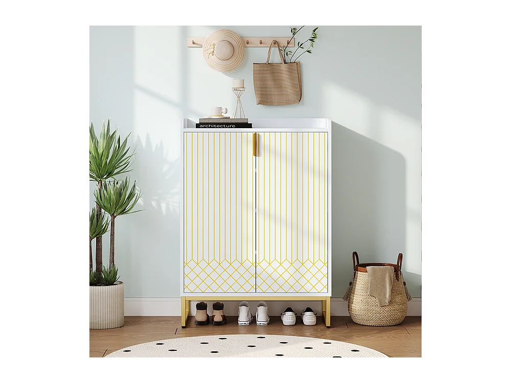 Meuble à chaussures moderne avec pieds métalliques dorés meuble de rangement avec portes blanc