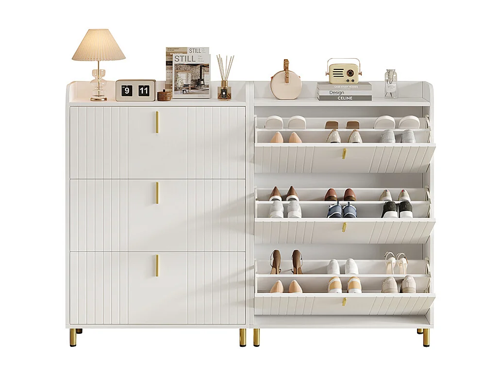 Set de 2 Meuble à chaussures à deux portes meuble d'entrée moderne en MDF à 3 niveaux avec tiroir inférieur ouvert blanc