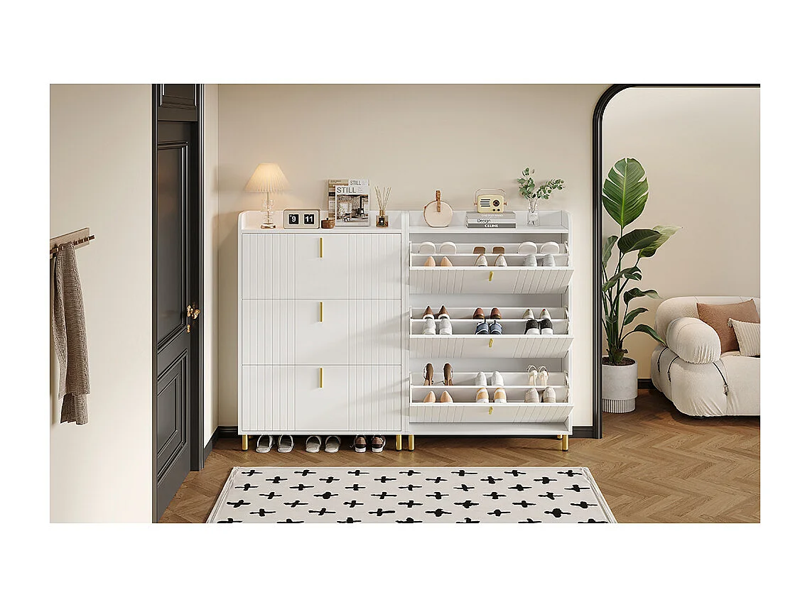 Set de 2 Meuble à chaussures à deux portes meuble d'entrée moderne en MDF à 3 niveaux avec tiroir inférieur ouvert blanc