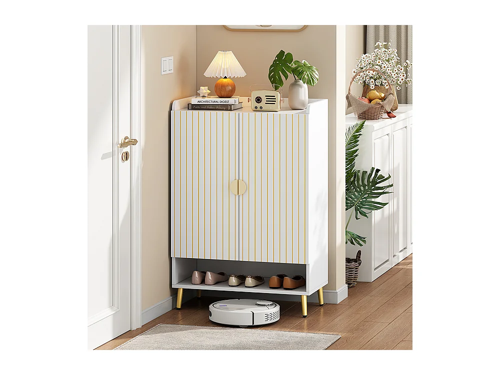 Meuble à chaussures moderne à deux portes meuble d'entrée rangement en MDF à 3 niveaux blanc avec tiroir inférieur ouvert blanc