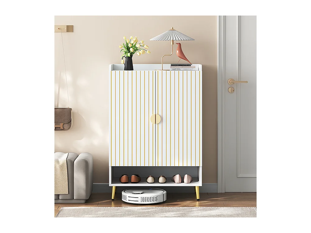 Meuble à chaussures moderne à deux portes meuble d'entrée rangement en MDF à 3 niveaux blanc avec tiroir inférieur ouvert blanc