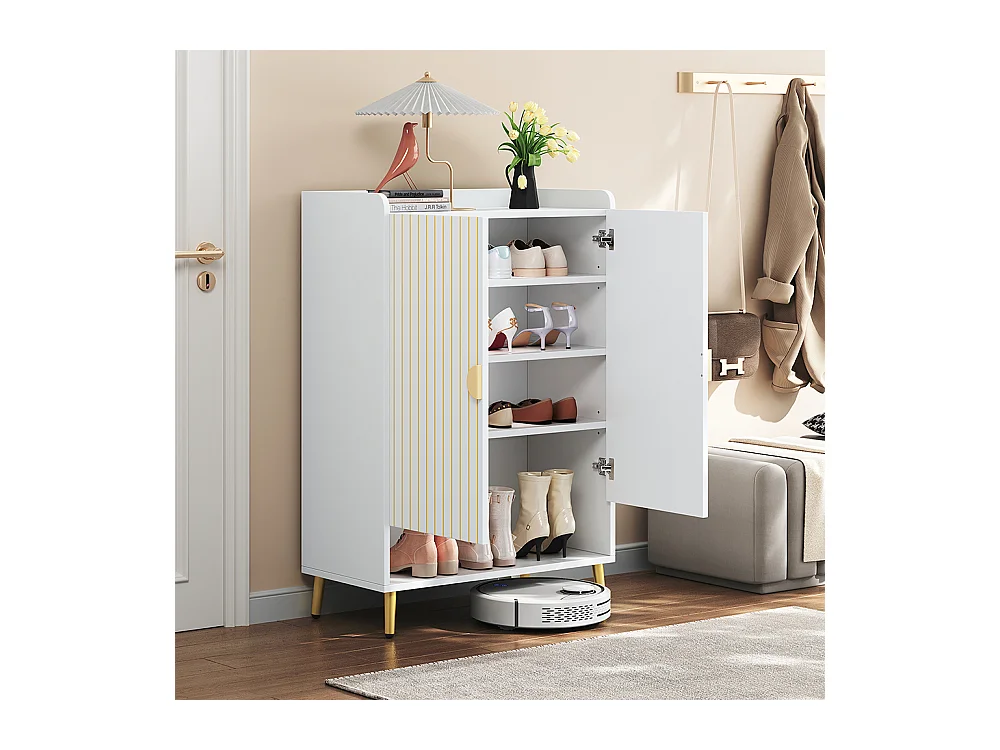 Meuble à chaussures moderne à deux portes meuble d'entrée rangement en MDF à 3 niveaux blanc avec tiroir inférieur ouvert blanc