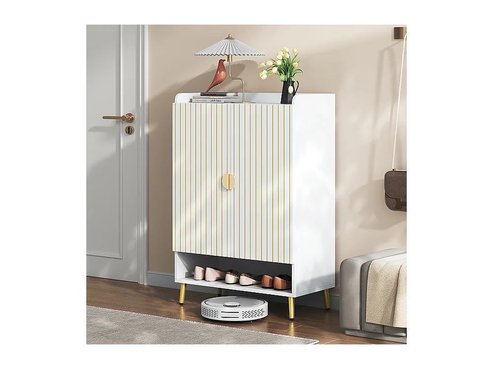 Meuble à chaussures moderne à deux portes meuble d'entrée rangement en MDF à 3 niveaux blanc avec tiroir inférieur ouvert blanc