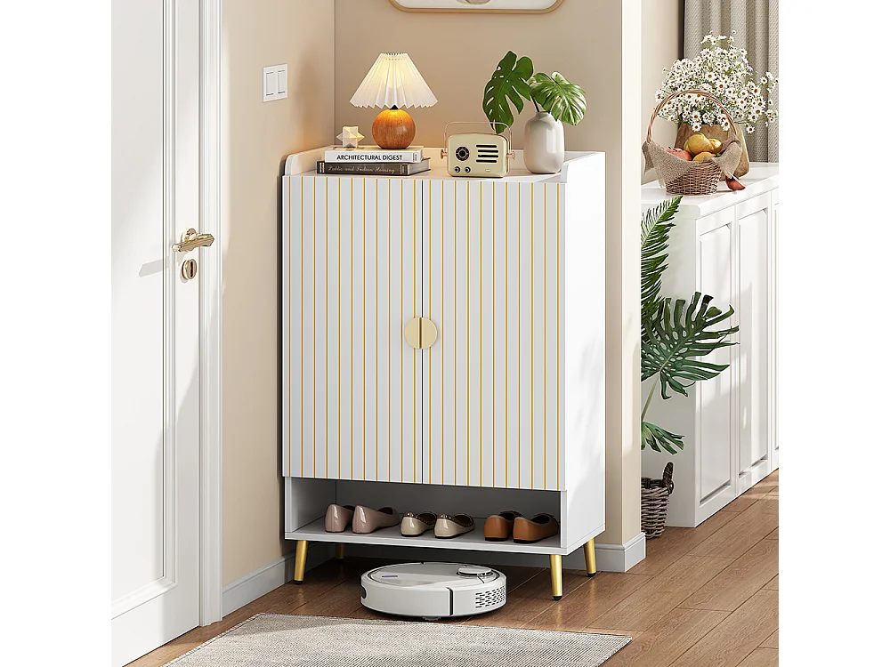 Meuble à chaussures moderne à deux portes meuble d'entrée rangement en MDF à 3 niveaux blanc avec tiroir inférieur ouvert blanc