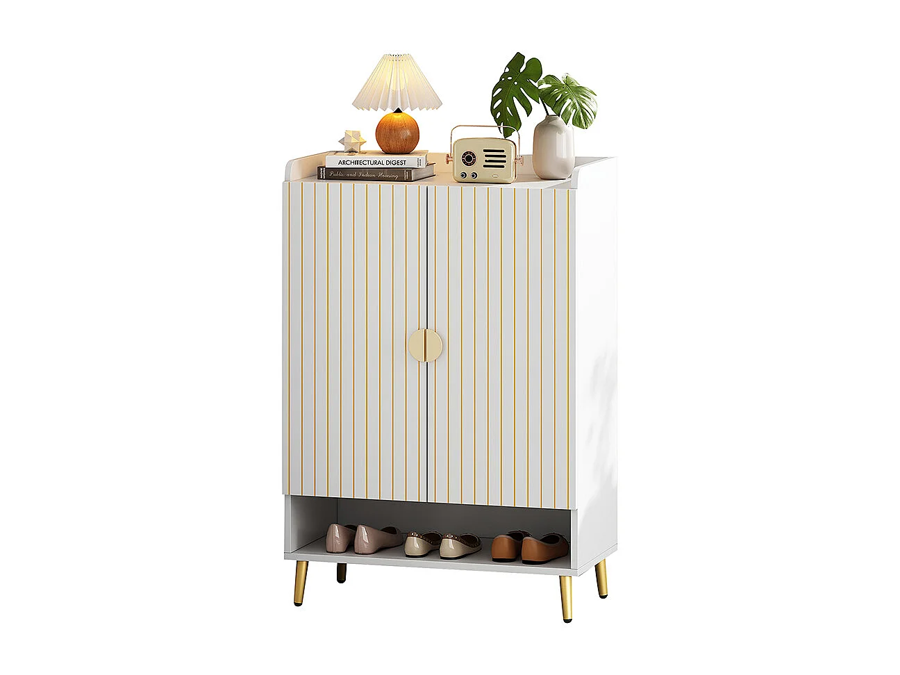 Meuble à chaussures moderne à deux portes meuble d'entrée rangement en MDF à 3 niveaux blanc avec tiroir inférieur ouvert blanc