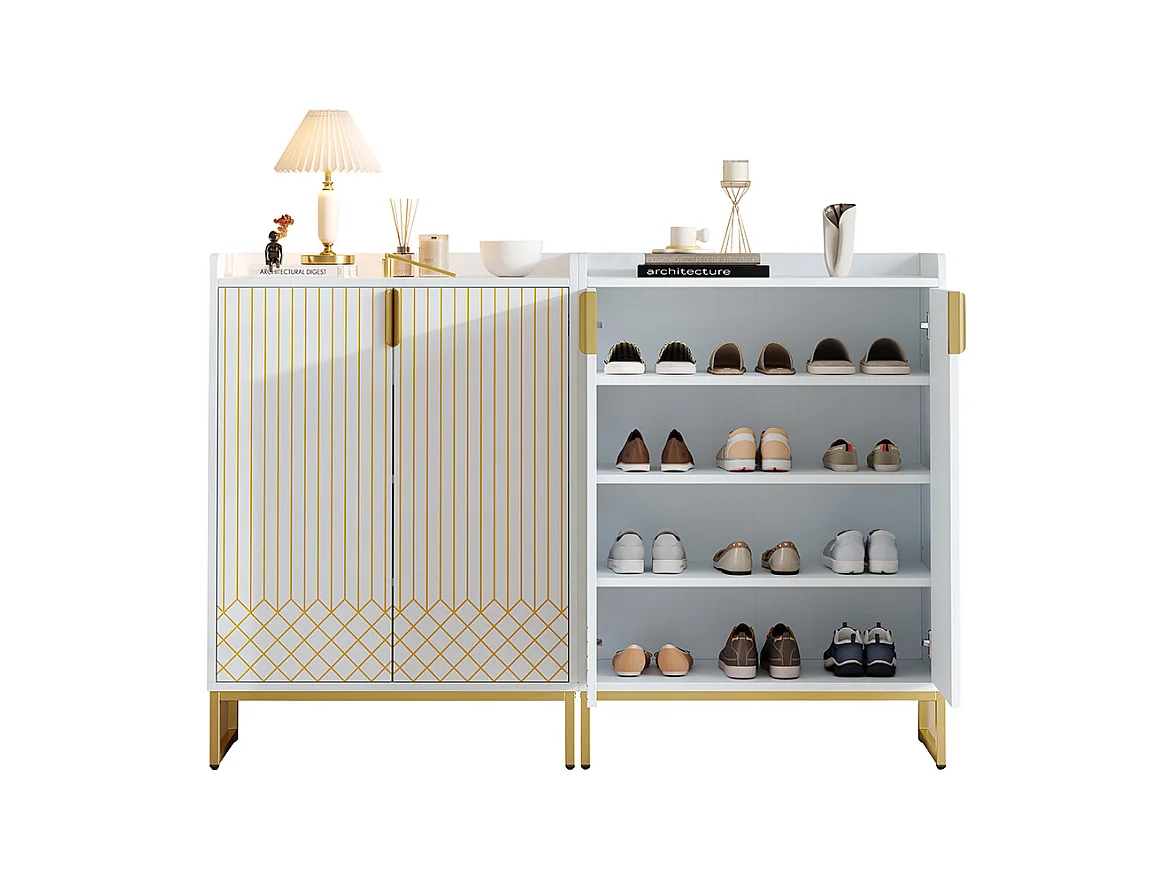 Set de 2 Meuble à chaussures moderne avec pieds métalliques dorés meuble de rangement avec portes blanc