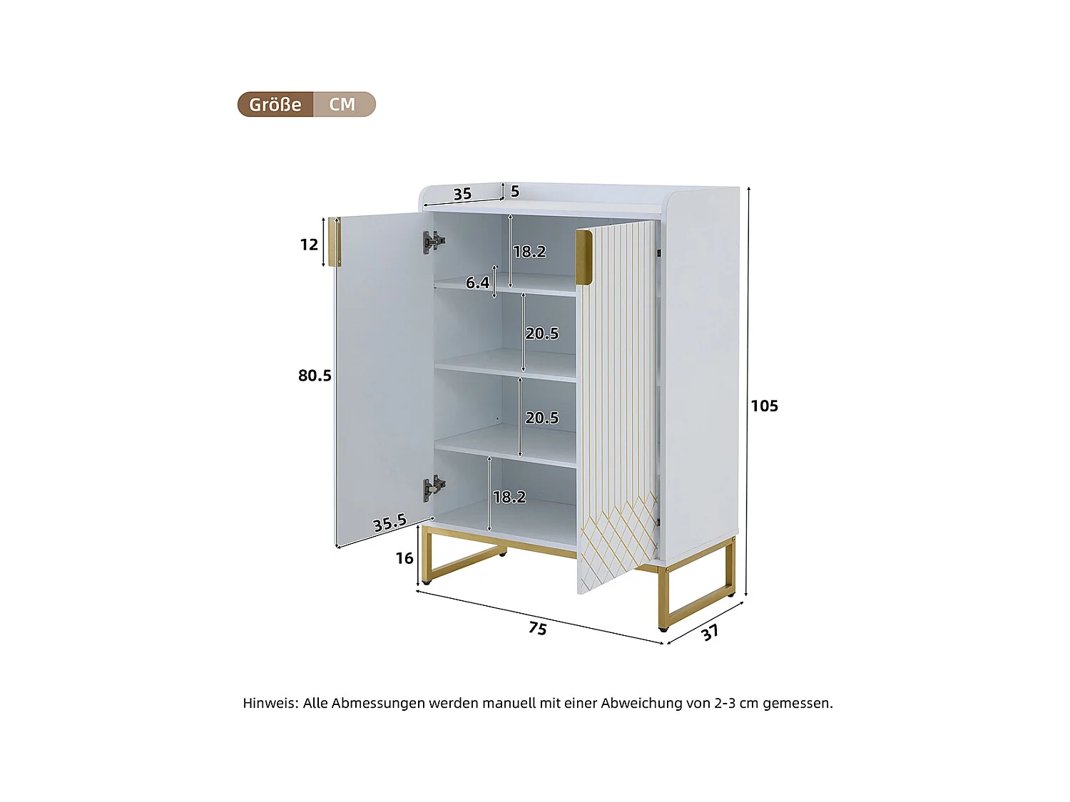 Set de 2 Meuble à chaussures moderne avec pieds métalliques dorés meuble de rangement avec portes blanc