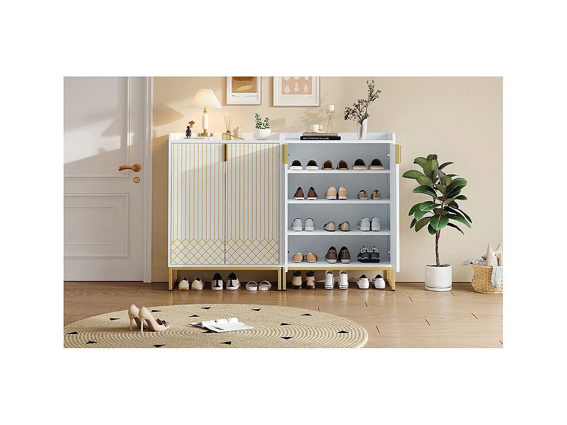 Set de 2 Meuble à chaussures moderne avec pieds métalliques dorés meuble de rangement avec portes blanc