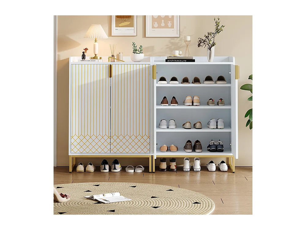Set de 2 Meuble à chaussures moderne avec pieds métalliques dorés meuble de rangement avec portes blanc