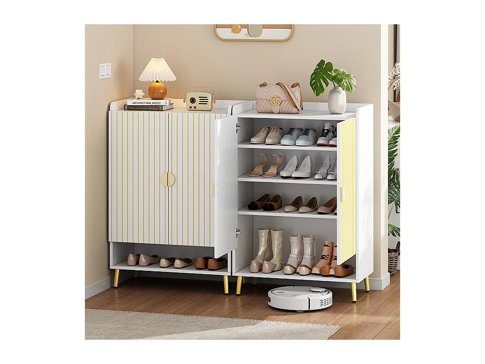 Set de 2 Meuble à chaussures moderne à deux portes meuble d'entrée rangement en MDF à 3 niveaux blanc avec tiroir inférieur ouvert blanc