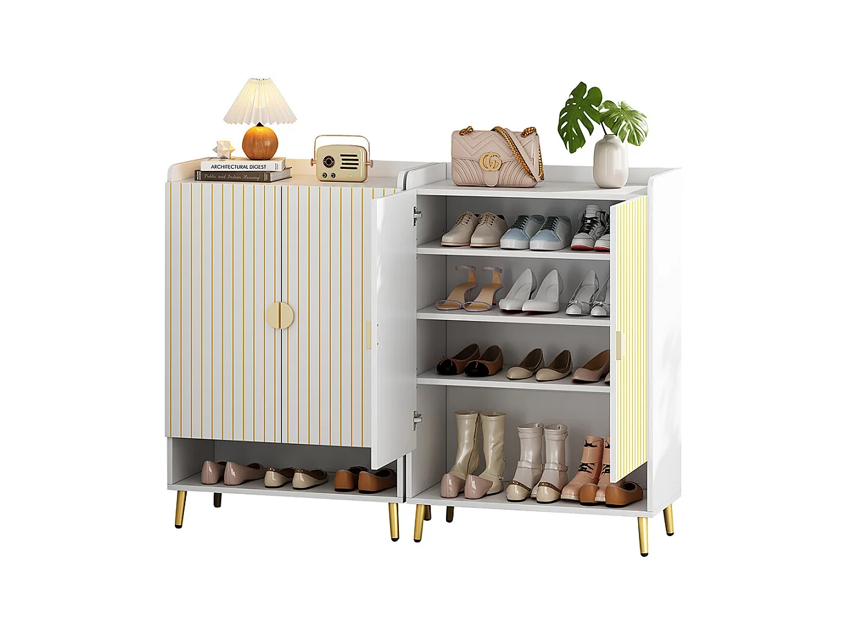 Set de 2 Meuble à chaussures moderne à deux portes meuble d'entrée rangement en MDF à 3 niveaux blanc avec tiroir inférieur ouvert blanc
