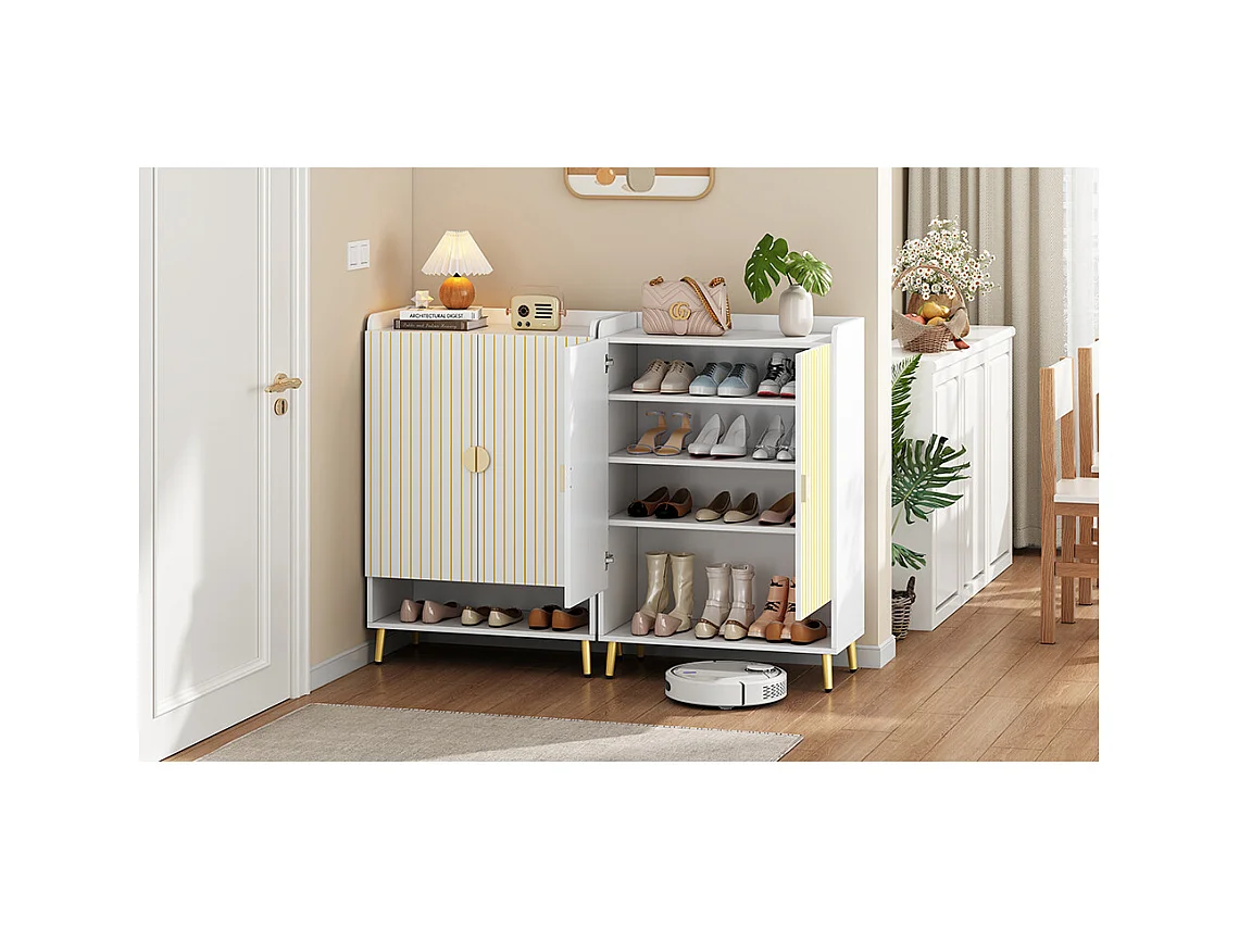 Set de 2 Meuble à chaussures moderne à deux portes meuble d'entrée rangement en MDF à 3 niveaux blanc avec tiroir inférieur ouvert blanc