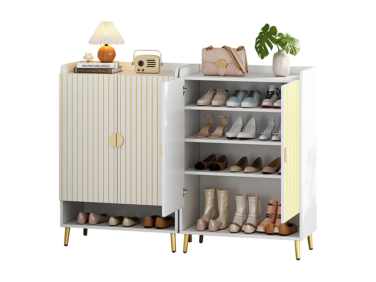 Set de 2 Meuble à chaussures moderne à deux portes meuble d'entrée rangement en MDF à 3 niveaux blanc avec tiroir inférieur ouvert blanc